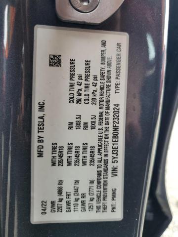 2022 TESLA MODEL 3 - 5YJ3E1EB0NF232024