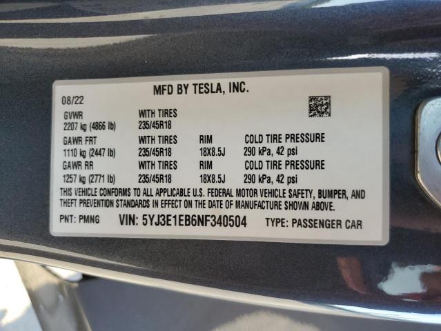 2022 Tesla Model 3 VIN: 5YJ3E1EB6NF340504 Lot: 61834914