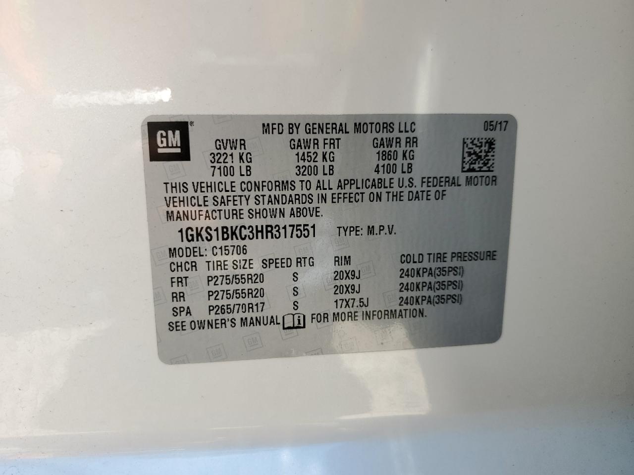 1GKS1BKC3HR317551 2017 GMC Yukon Slt