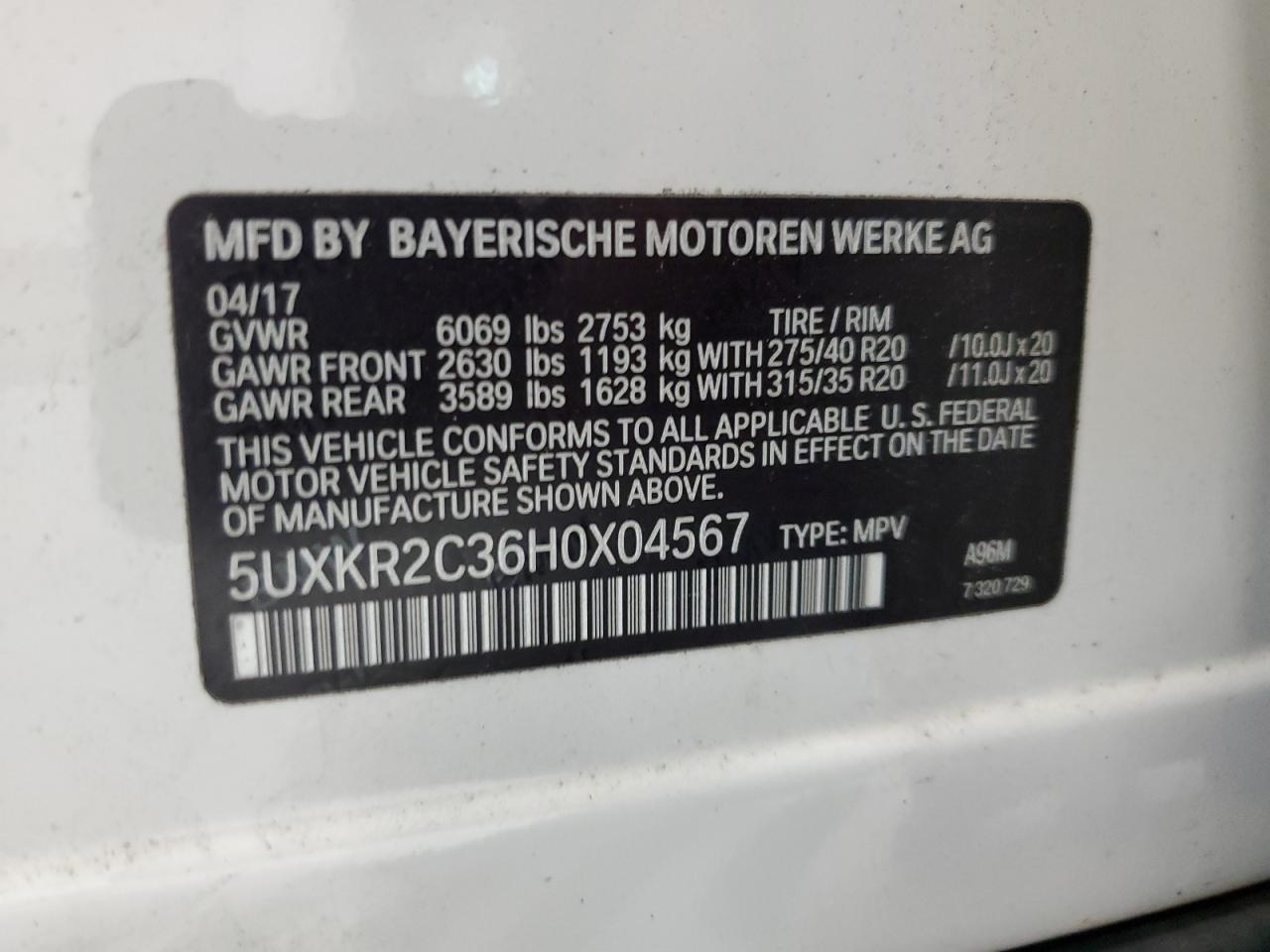 5UXKR2C36H0X04567 2017 BMW X5 Sdrive35I