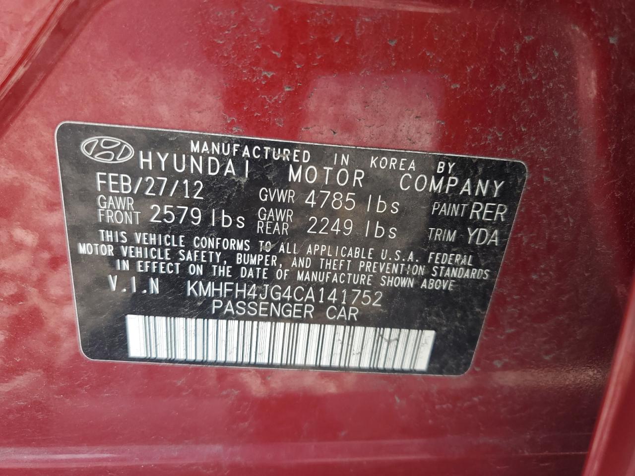 KMHFH4JG4CA141752 2012 Hyundai Azera Gls