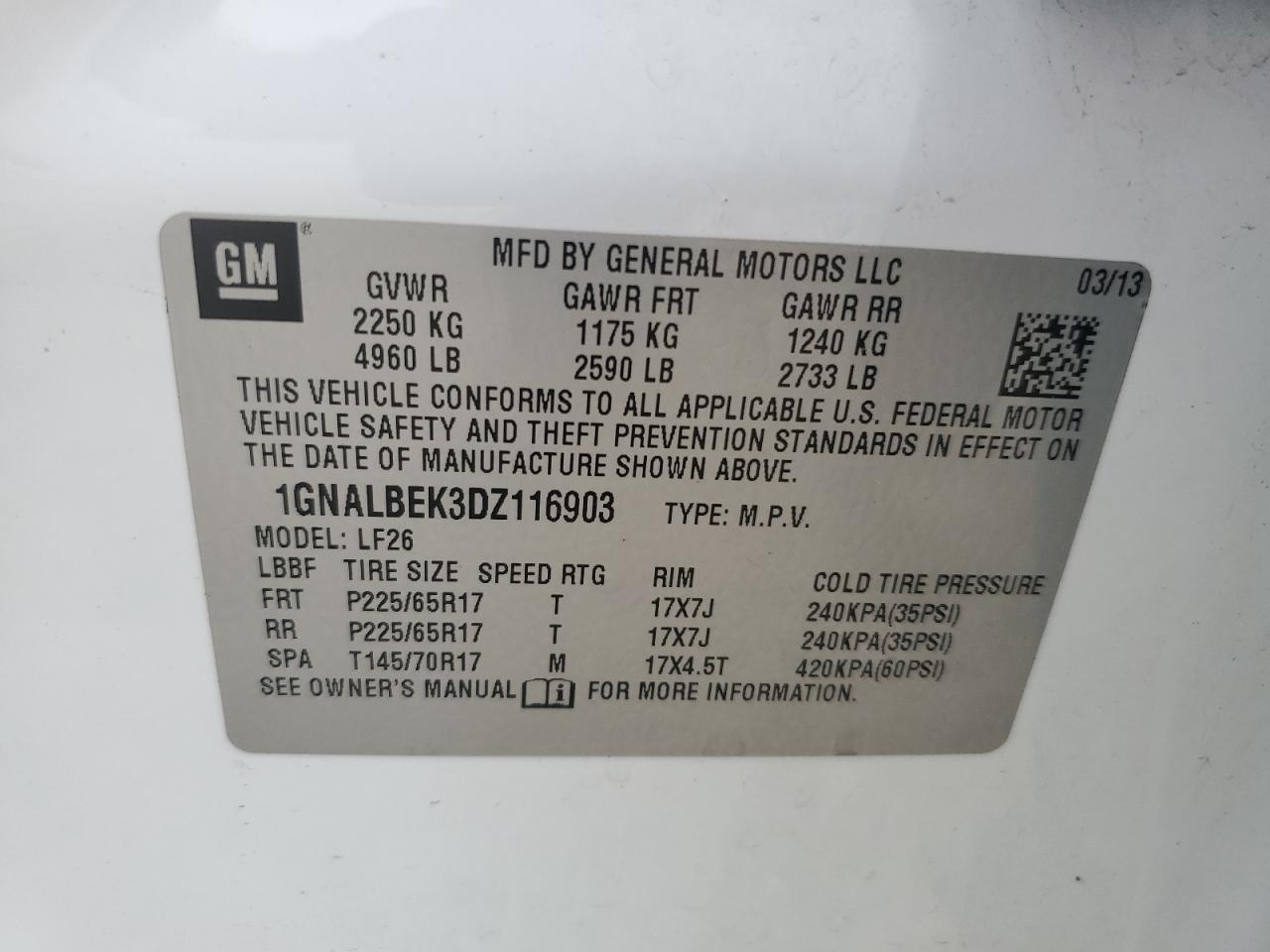 2013 Chevrolet Equinox Ls vin: 1GNALBEK3DZ116903