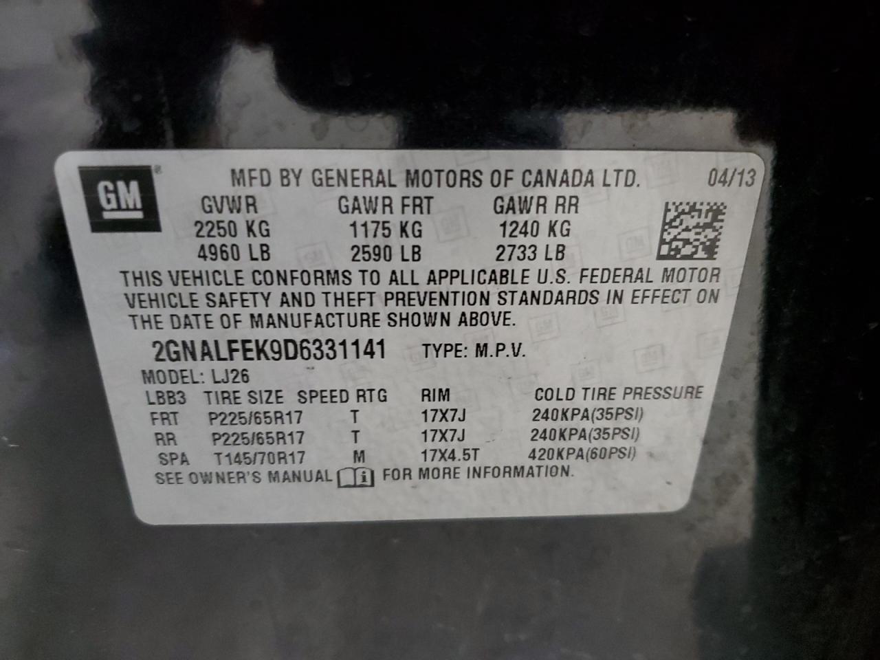 2GNALFEK9D6331141 2013 Chevrolet Equinox Ltz