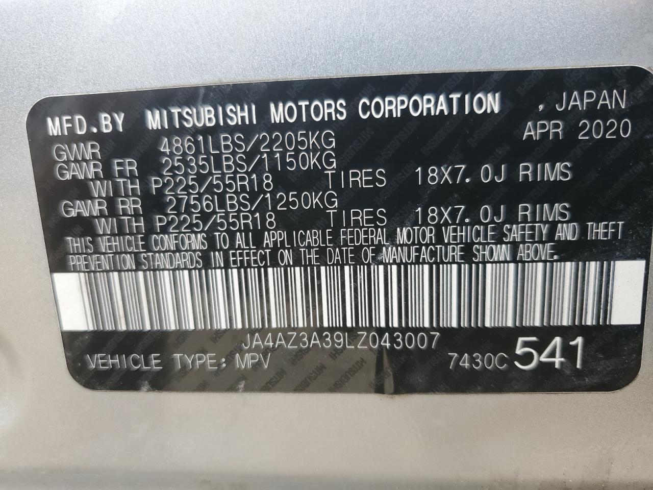 2020 Mitsubishi Outlander Se vin: JA4AZ3A39LZ043007