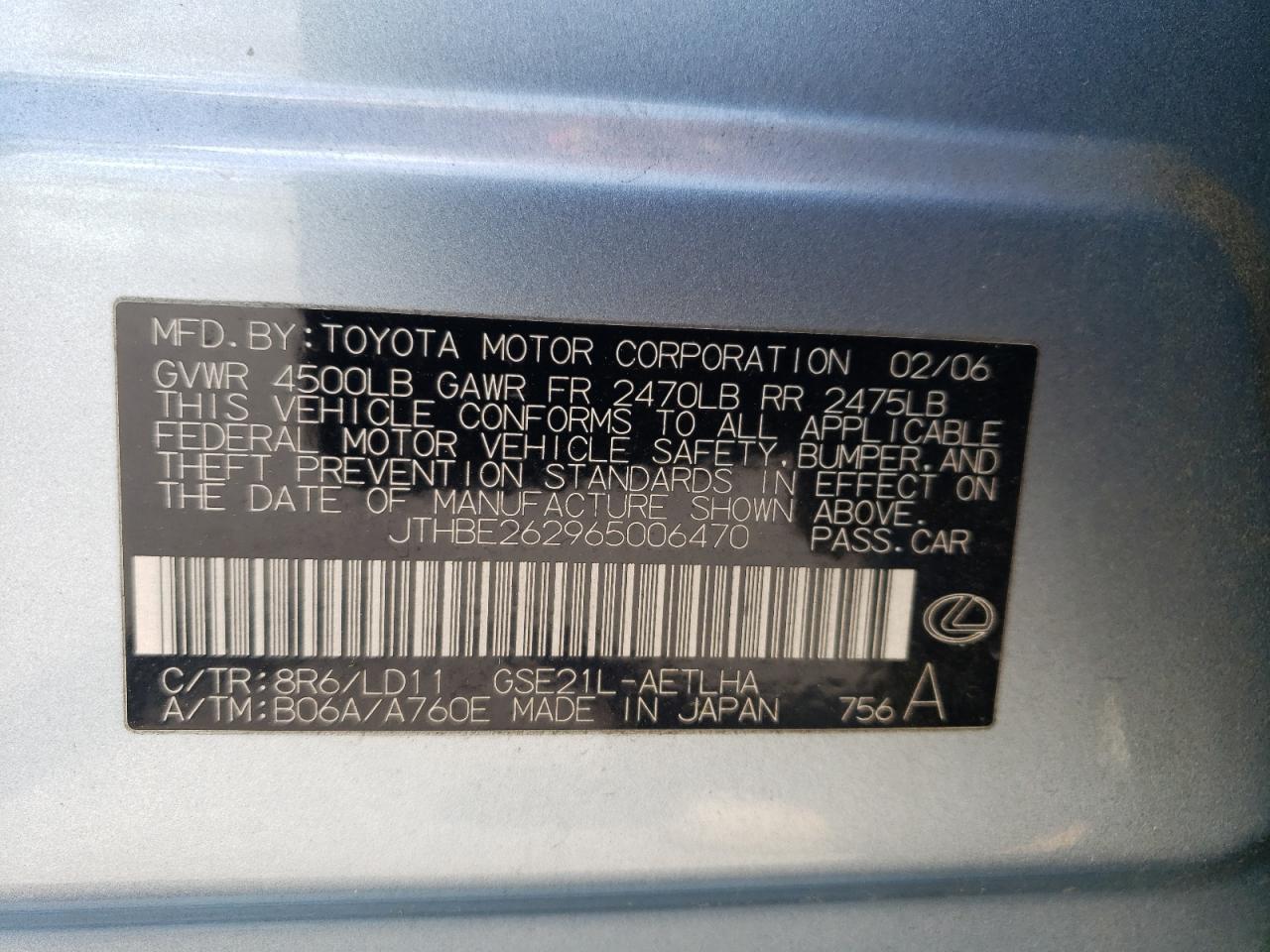 JTHBE262965006470 2006 Lexus Is 350