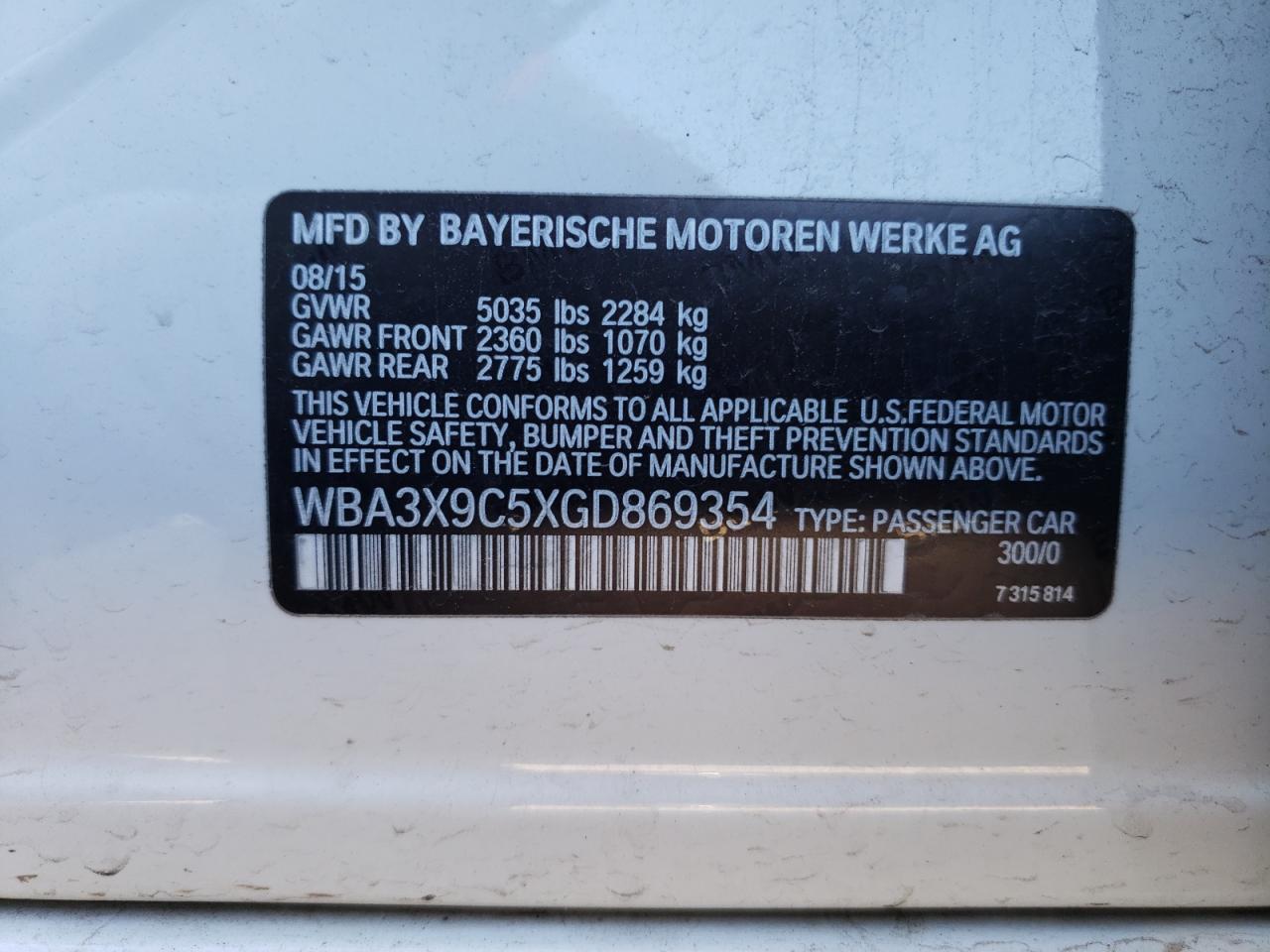 WBA3X9C5XGD869354 2016 BMW 335 Xigt