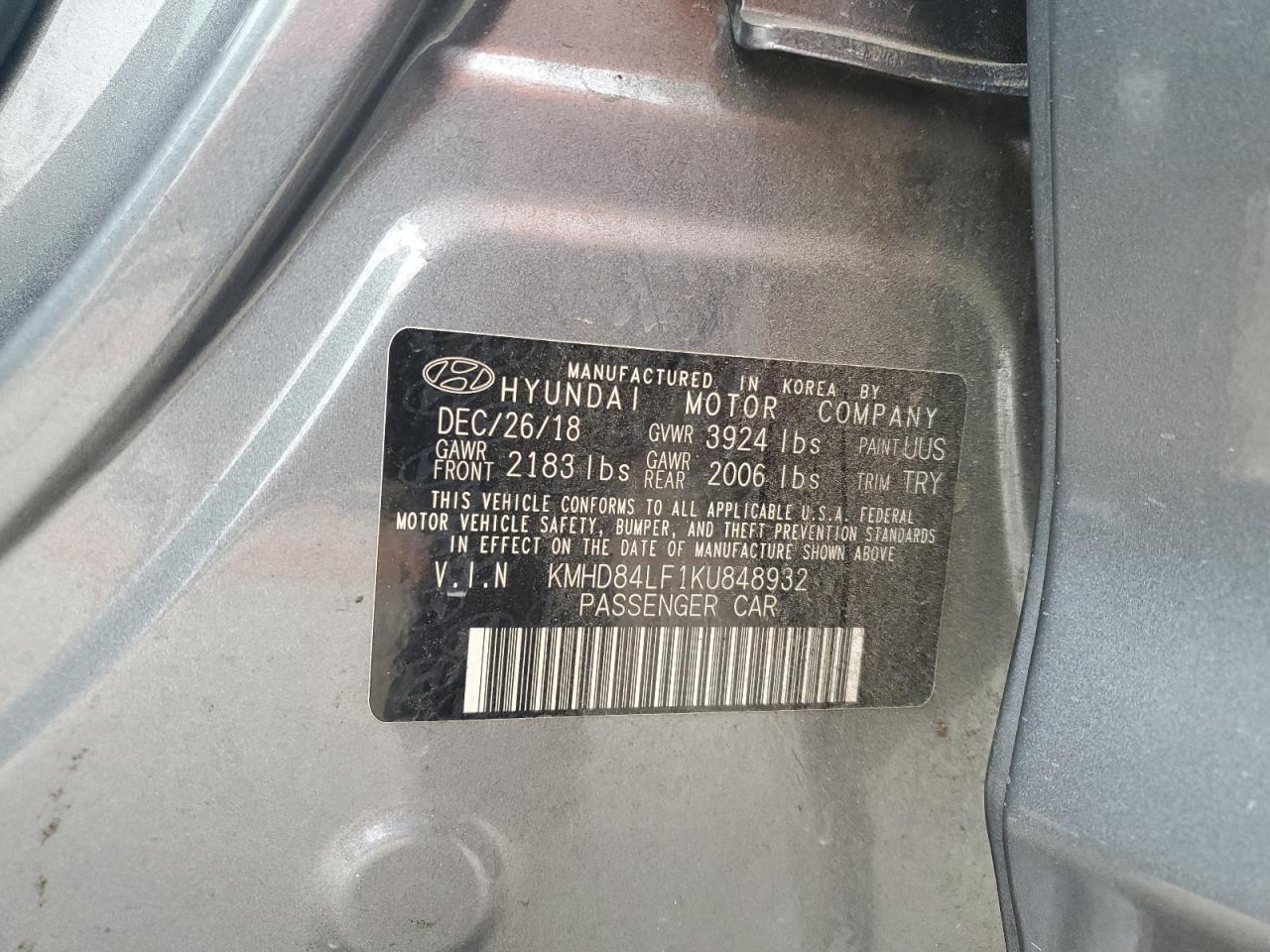 KMHD84LF1KU848932 2019 Hyundai Elantra Sel