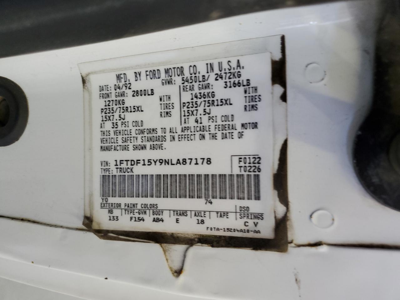 1FTDF15Y9NLA87178 1992 Ford F150