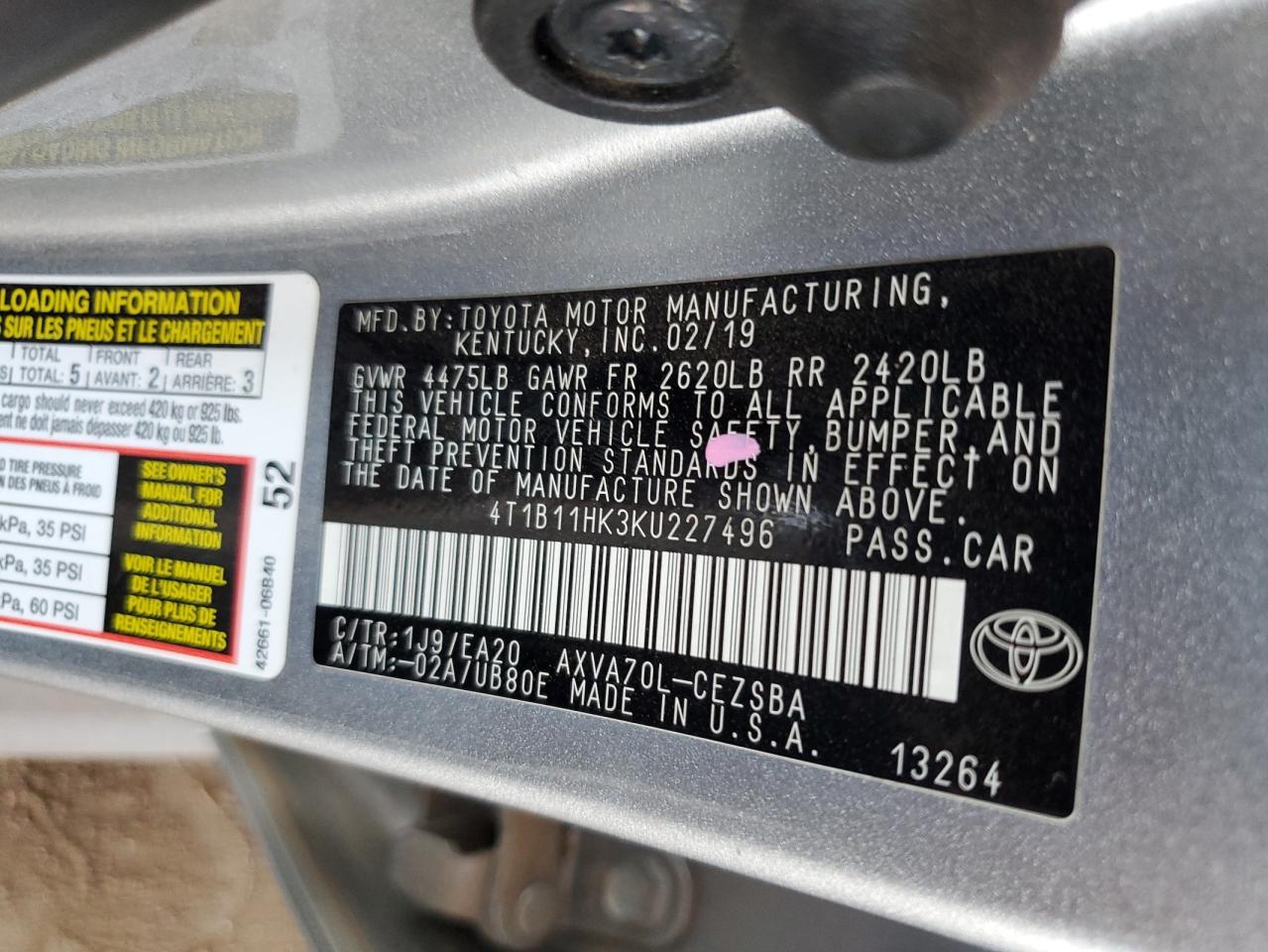 4T1B11HK3KU227496 2019 Toyota Camry L