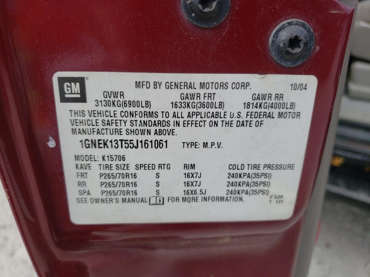1GNEK13T55J161061 2005 Chevrolet Tahoe K1500