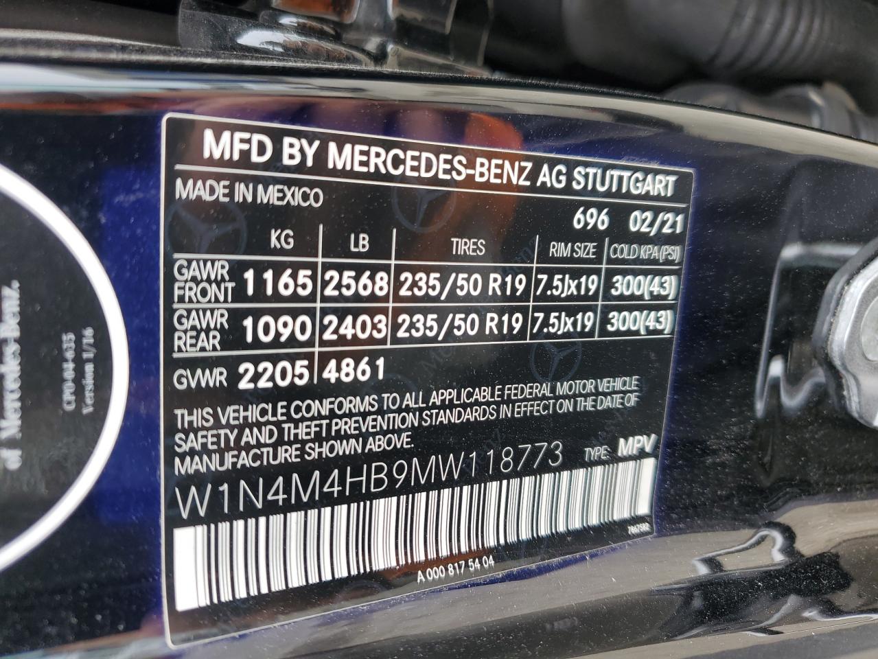 W1N4M4HB9MW118773 2021 Mercedes-Benz Glb 250 4Matic