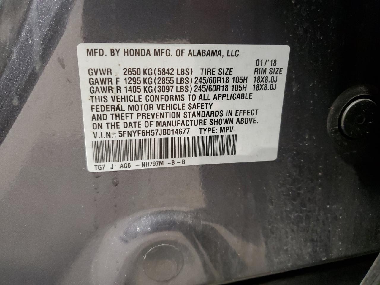 5FNYF6H57JB014677 2018 Honda Pilot Exl