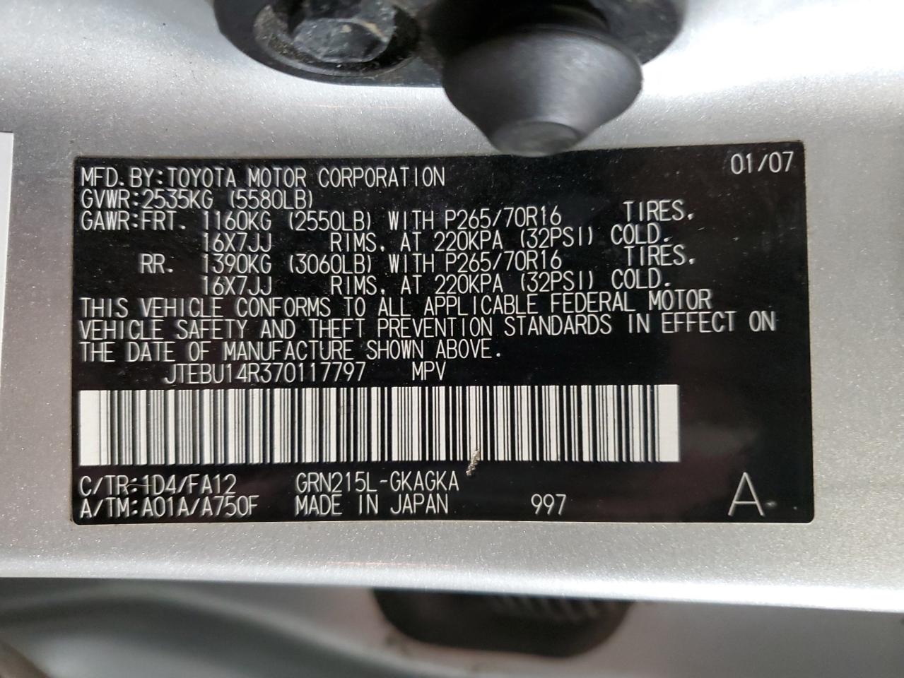 JTEBU14R370117797 2007 Toyota 4Runner Sr5