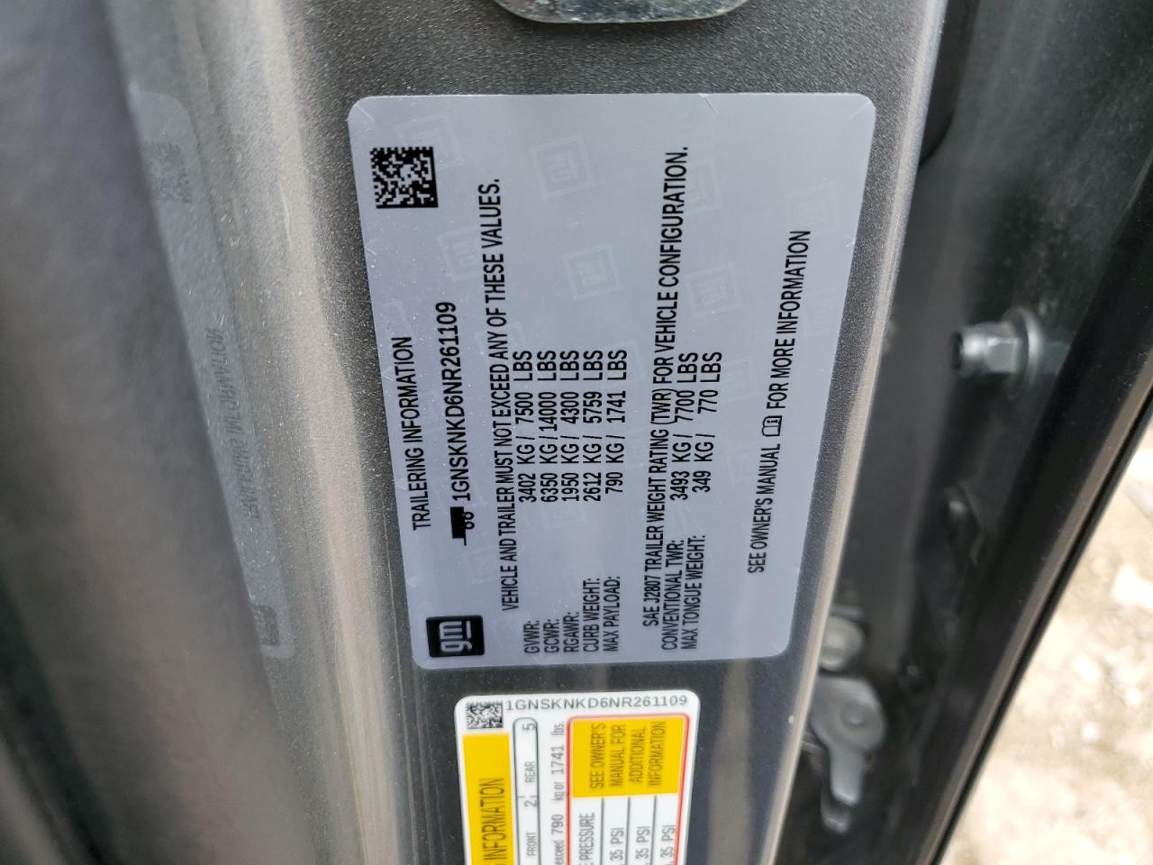 1GNSKNKD6NR261109 2022 Chevrolet Tahoe K1500 Lt