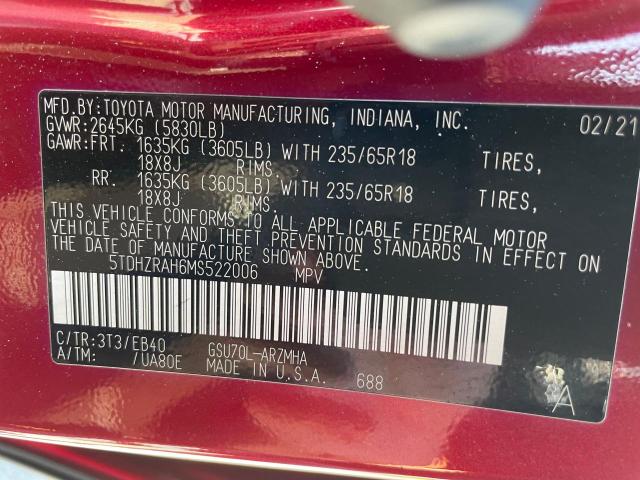 5TDHZRAH6MS522006 2021 Toyota Highlander Xle