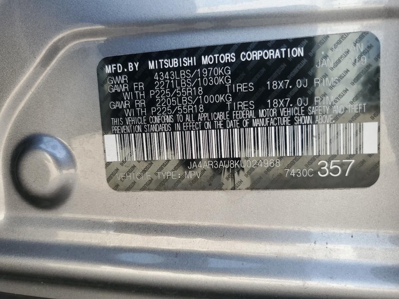 JA4AR3AU8KU024968 2019 Mitsubishi Outlander Sport Es