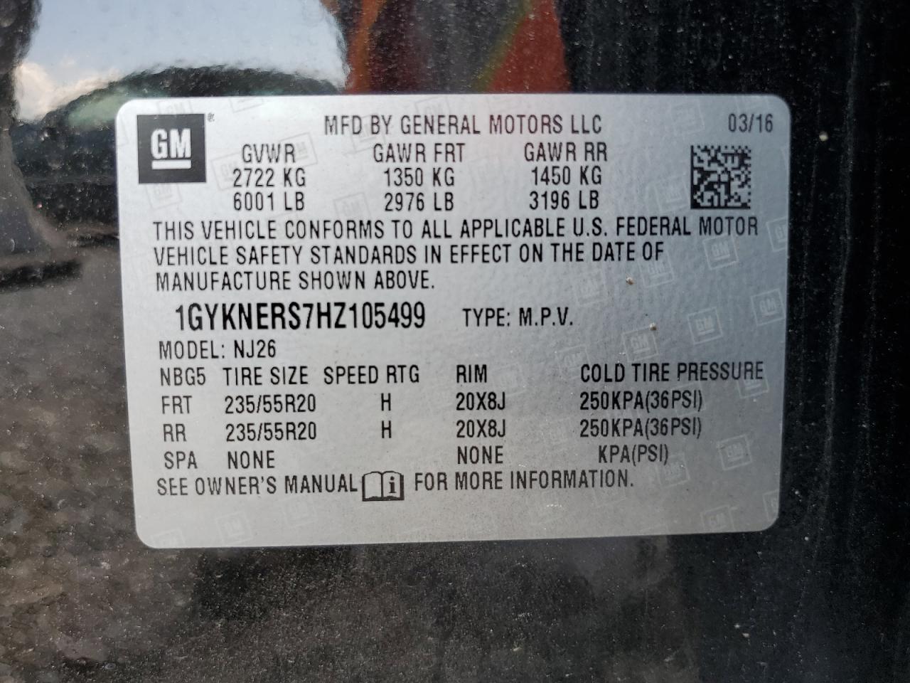 1GYKNERS7HZ105499 2017 Cadillac Xt5 Premium Luxury