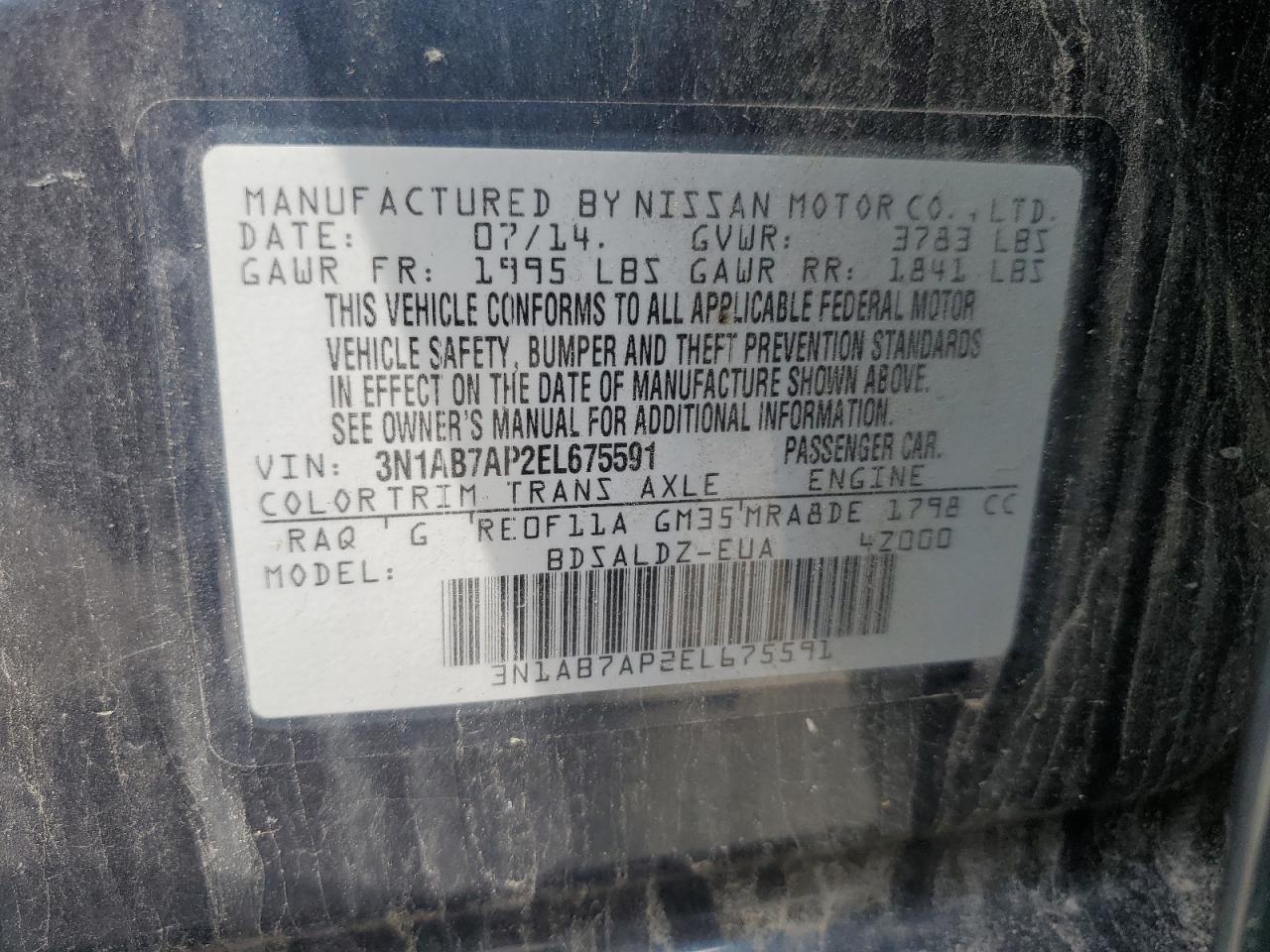 3N1AB7AP2EL675591 2014 Nissan Sentra S