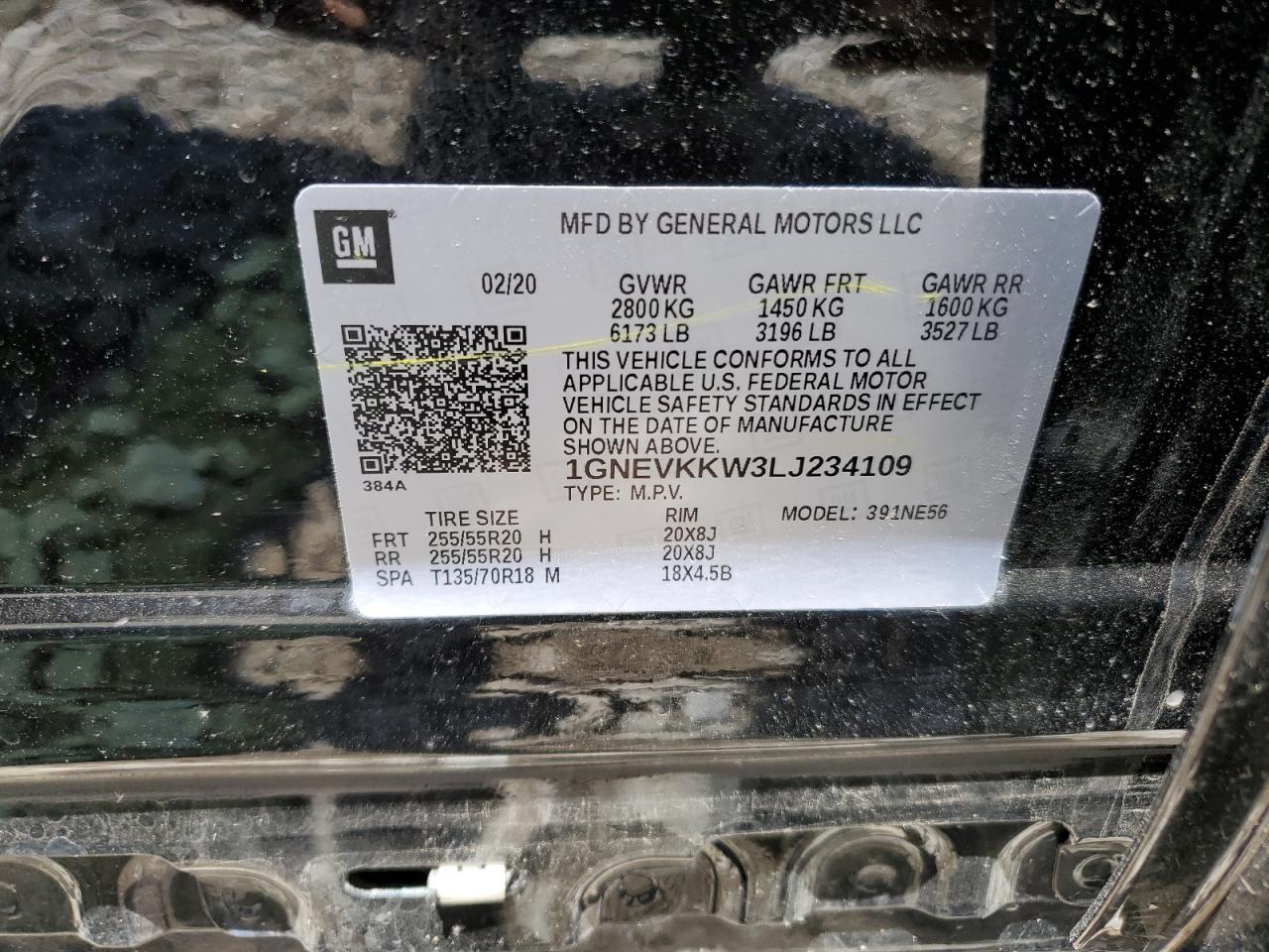 1GNEVKKW3LJ234109 2020 Chevrolet Traverse Premier