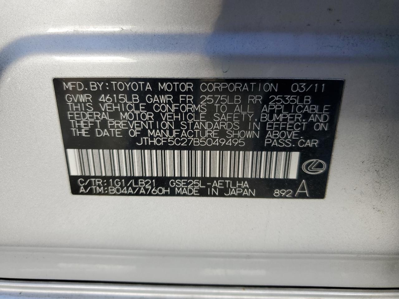 JTHCF5C27B5049495 2011 Lexus Is 250