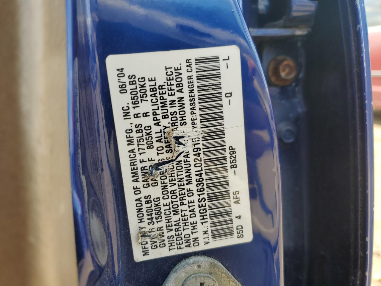 1HGES16364L024915 2004 Honda Civic Dx Vp