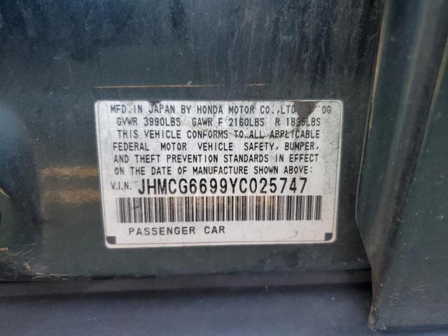 2000 Honda Accord Se VIN: JHMCG6699YC025747 Lot: 62288924