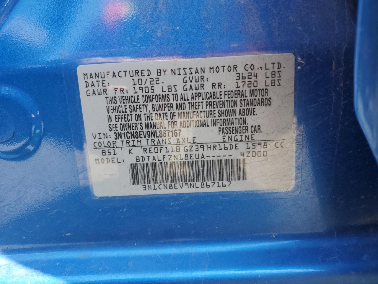 3N1CN8EV9NL867167 2022 Nissan Versa Sv