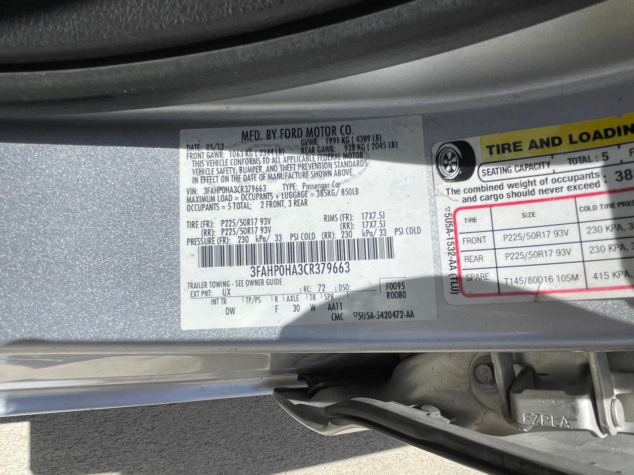 2012 Ford Fusion Se vin: 3FAHP0HA3CR379663