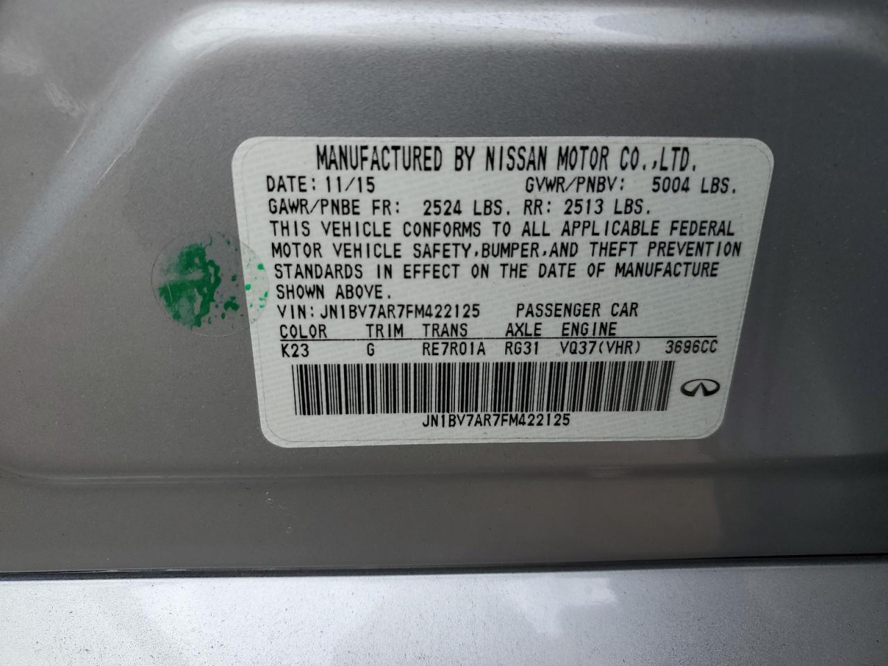 JN1BV7AR7FM422125 2015 Infiniti Q50 Base