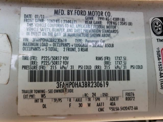 2011 Ford Fusion Se VIN: 3FAHP0HA3BR230619 Lot: 62570184