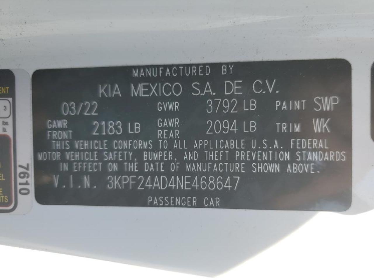 3KPF24AD4NE468647 2022 Kia Forte Fe