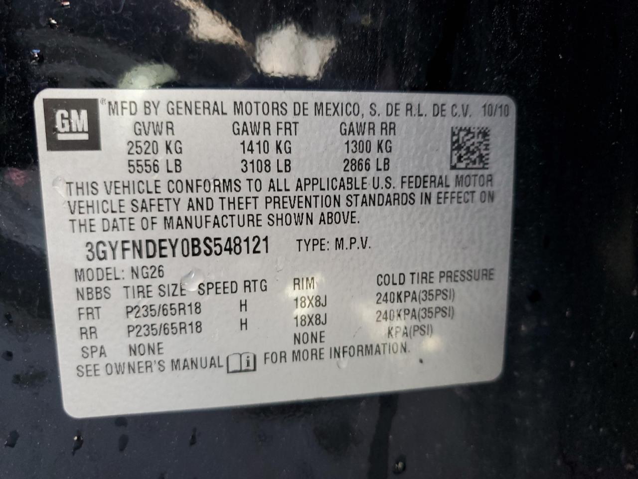 3GYFNDEY0BS548121 2011 Cadillac Srx Luxury Collection