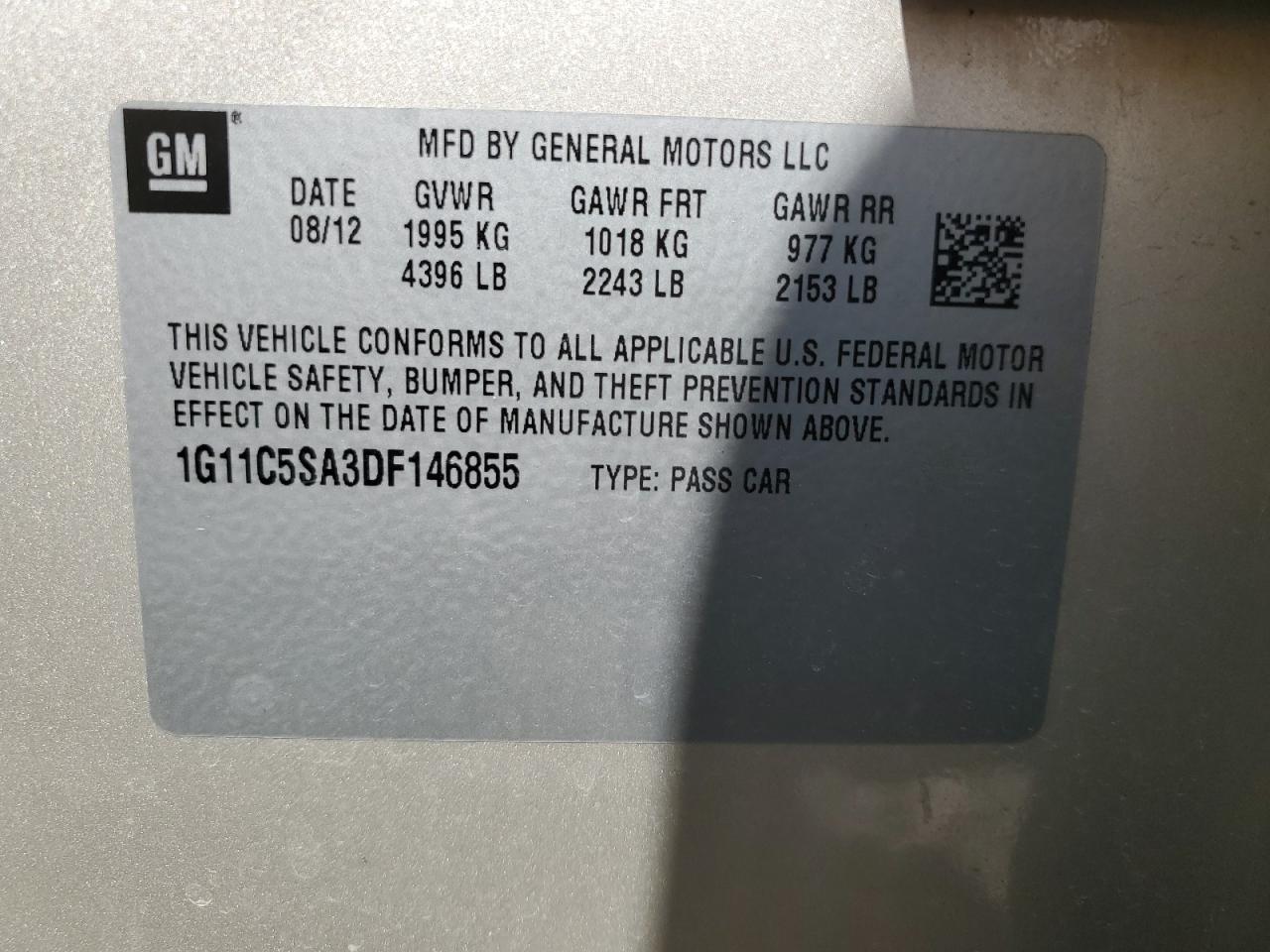 1G11C5SA3DF146855 2013 Chevrolet Malibu 1Lt