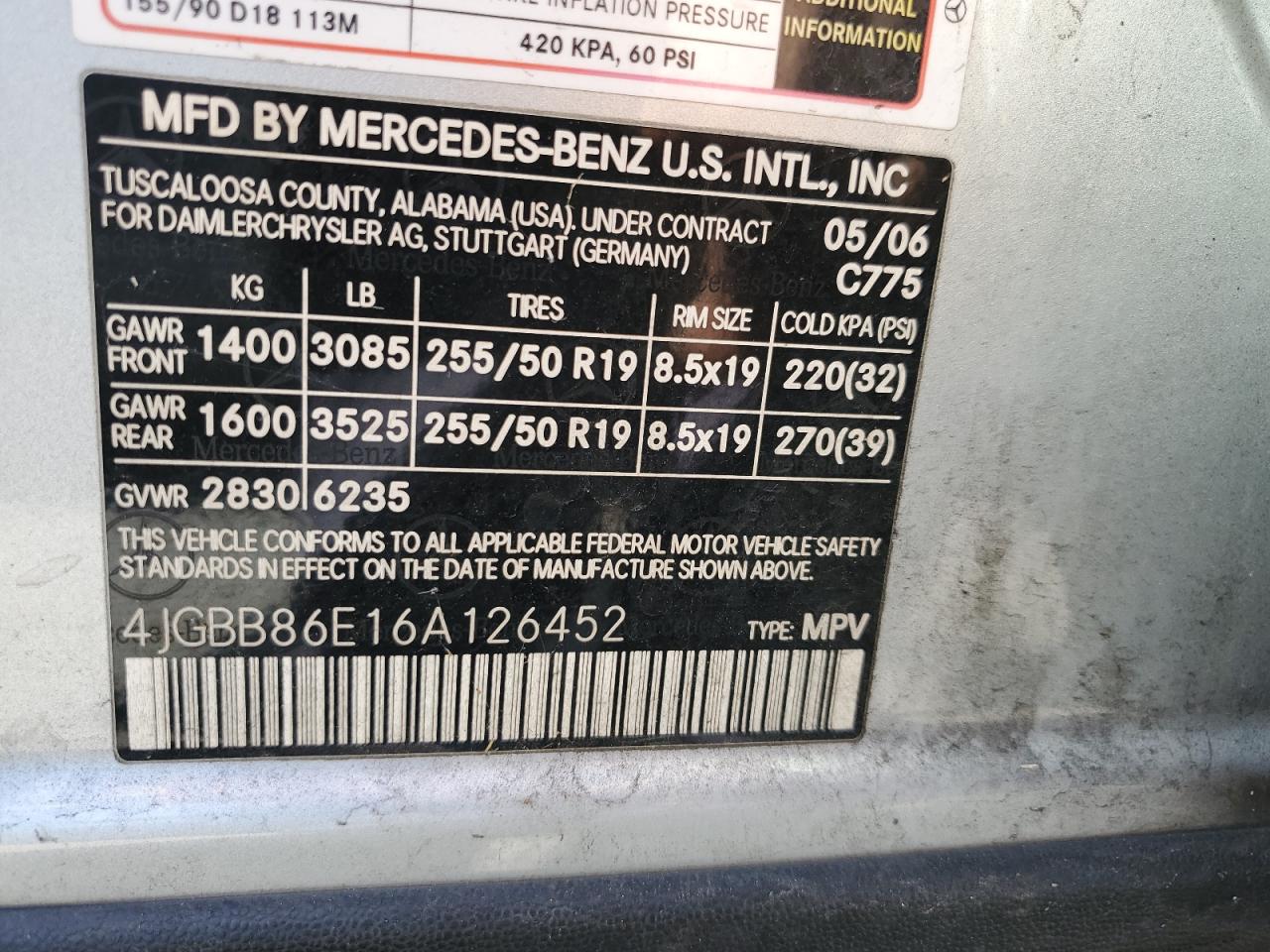 4JGBB86E16A126452 2006 Mercedes-Benz Ml 350