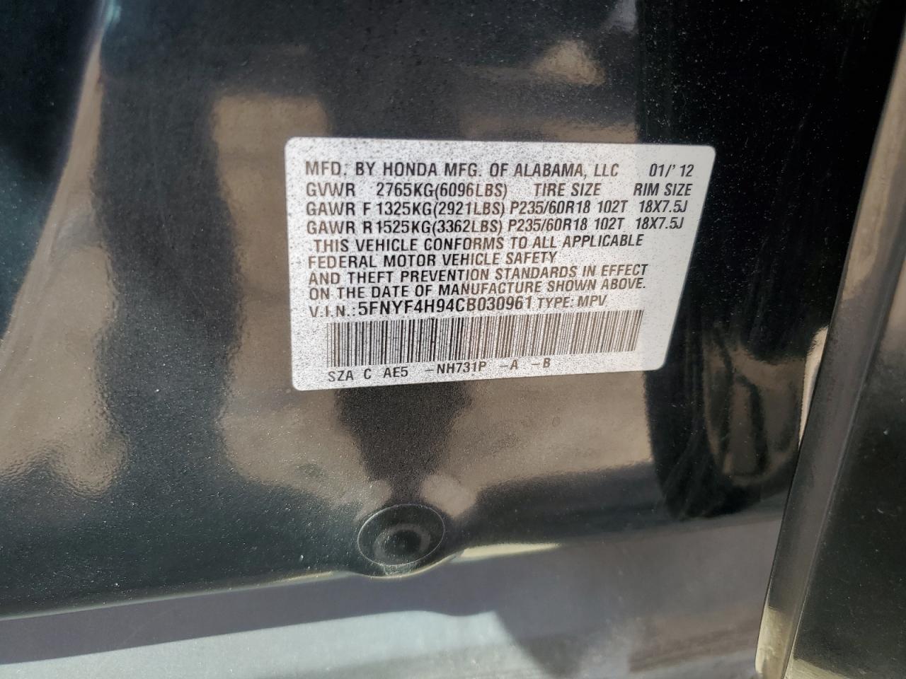 5FNYF4H94CB030961 2012 Honda Pilot Touring