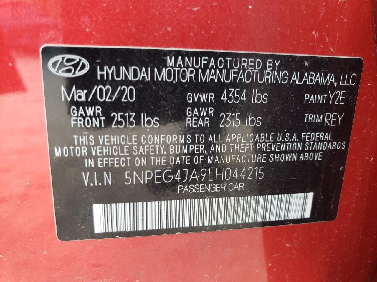 5NPEG4JA9LH044215 2020 Hyundai Sonata Se