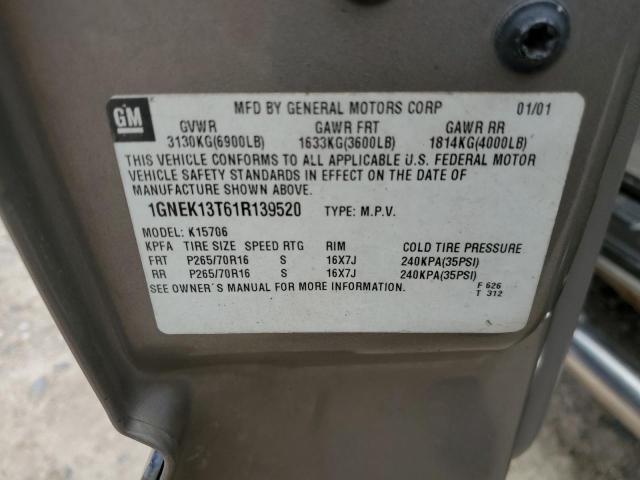 2001 Chevrolet Tahoe K1500 VIN: 1GNEK13T61R139520 Lot: 61173274