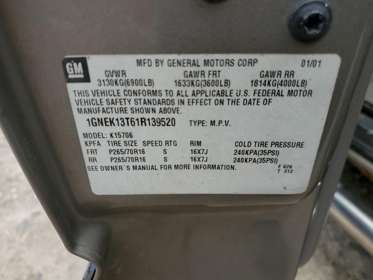 1GNEK13T61R139520 2001 Chevrolet Tahoe K1500