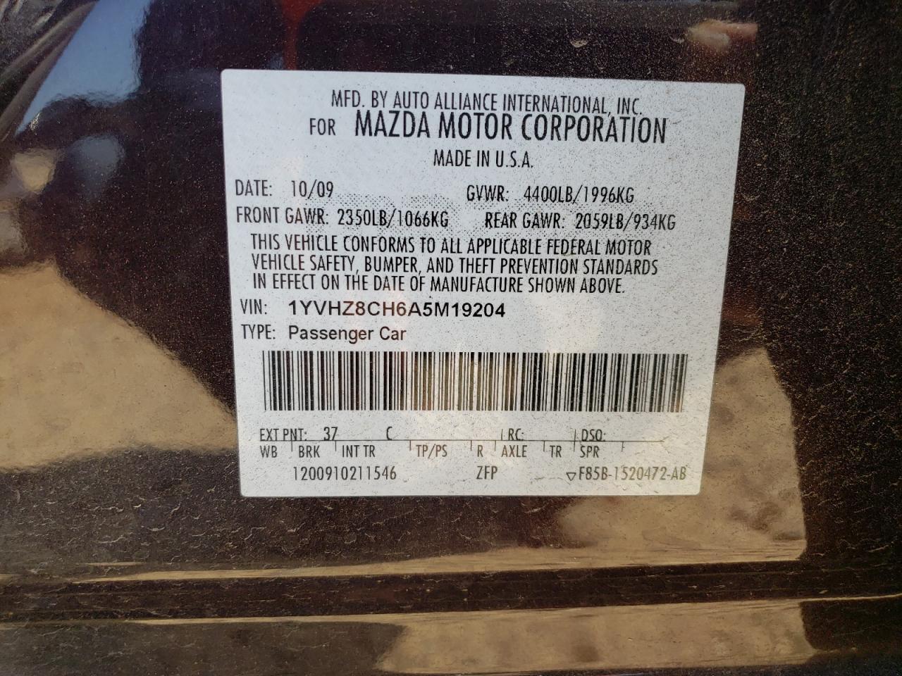 1YVHZ8CH6A5M19204 2010 Mazda 6 I