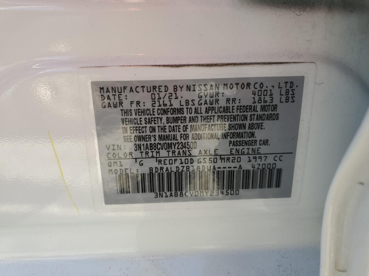 3N1AB8CV0MY234500 2021 Nissan Sentra Sv