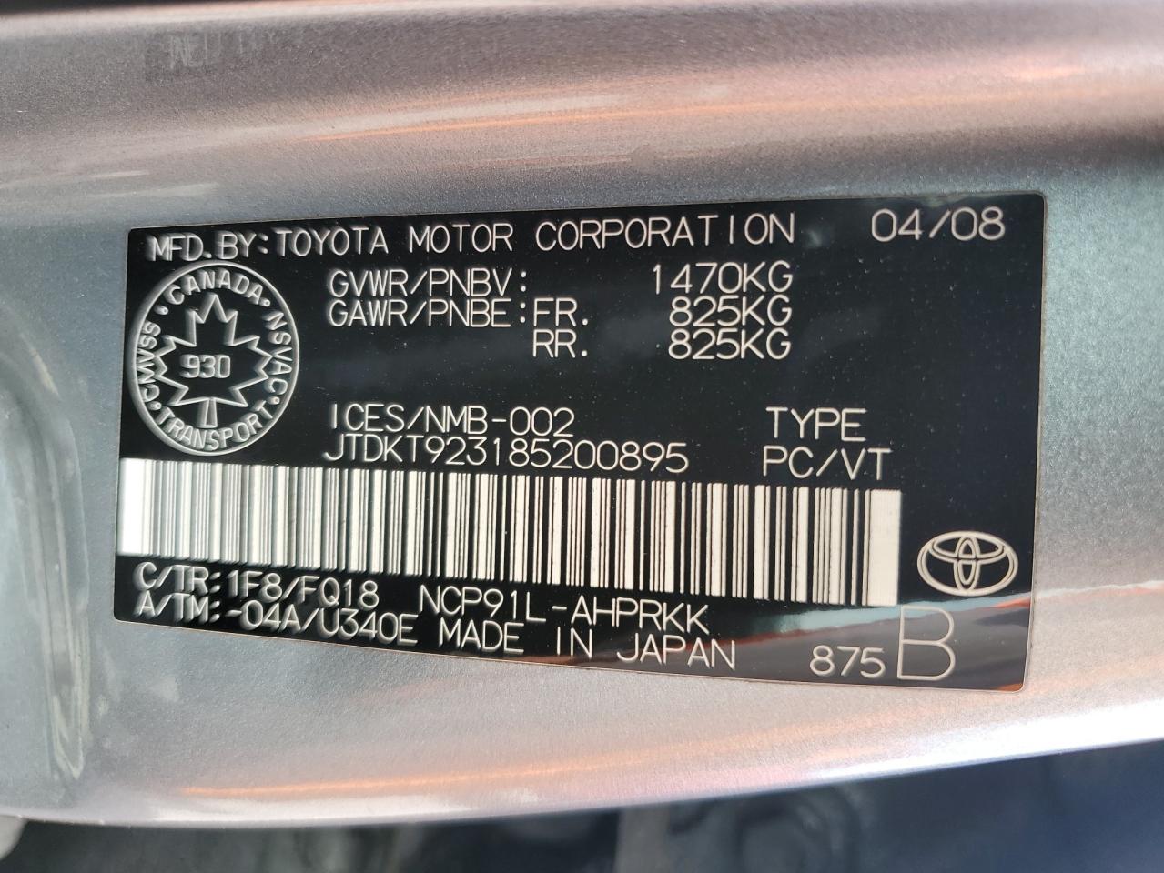 JTDKT923185200895 2008 Toyota Yaris