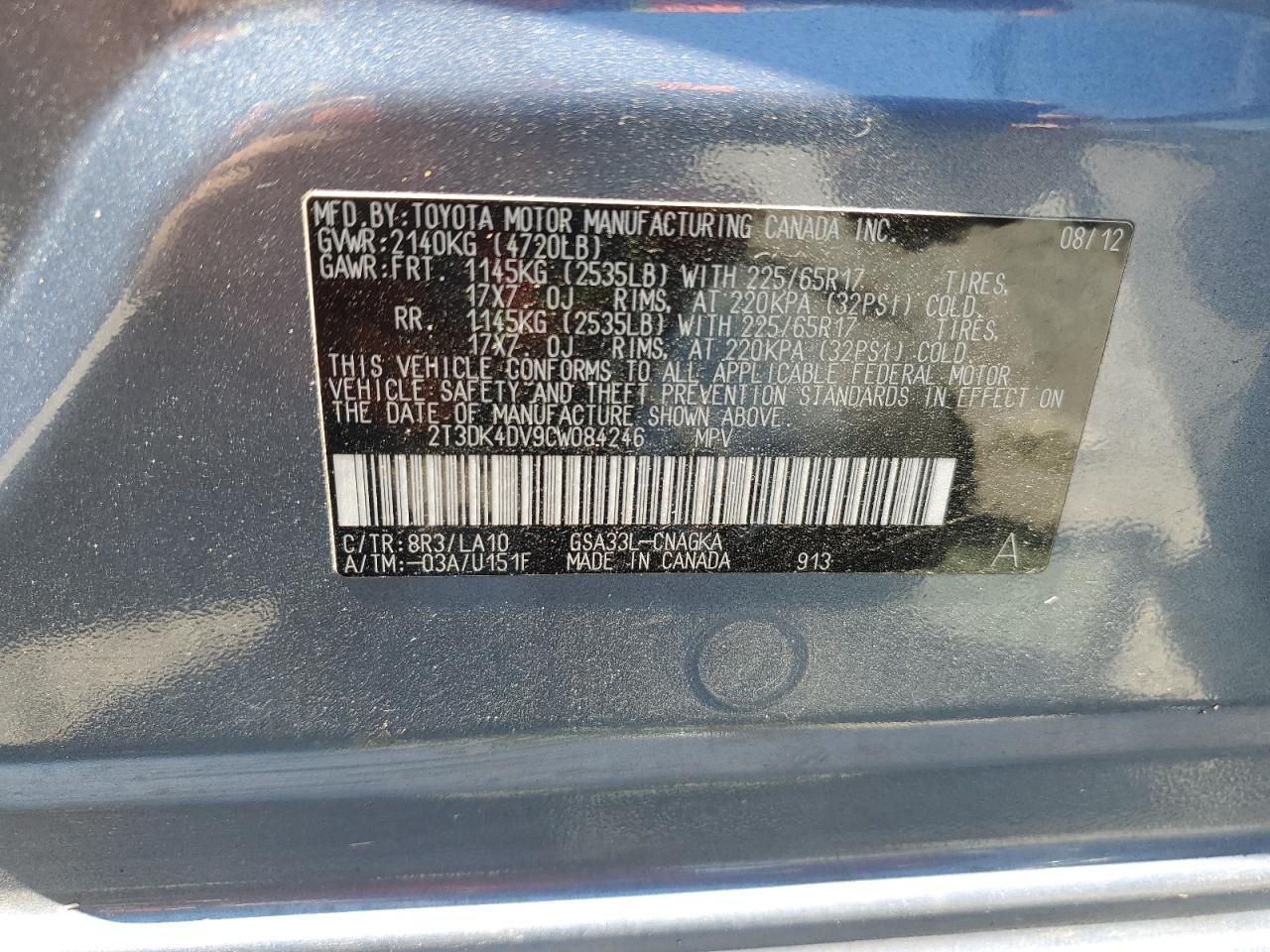 2T3DK4DV9CW084246 2012 Toyota Rav4 Limited