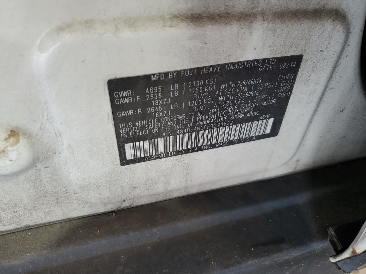 4S4BSANC8F3220632 2015 Subaru Outback 2.5I Limited