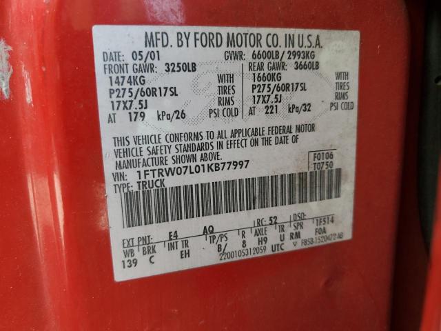 2001 Ford F150 Supercrew VIN: 1FTRW07L01KB77997 Lot: 59961054