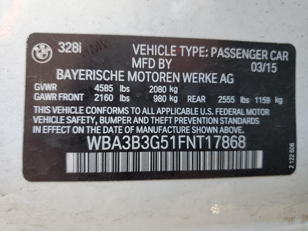 WBA3B3G51FNT17868 2015 BMW 328 Xi