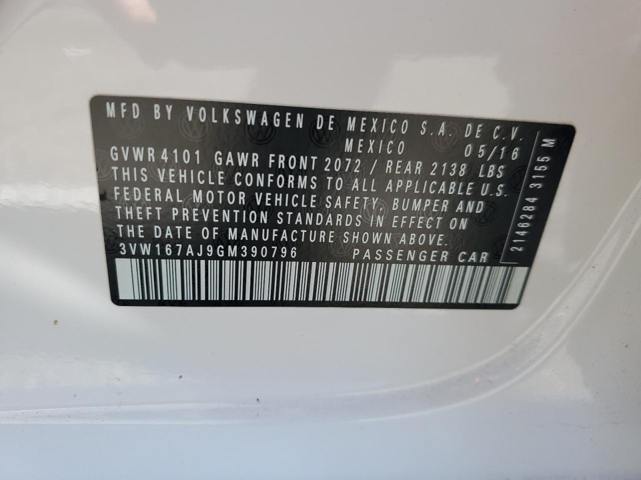 3VW167AJ9GM390796 2016 Volkswagen Jetta S