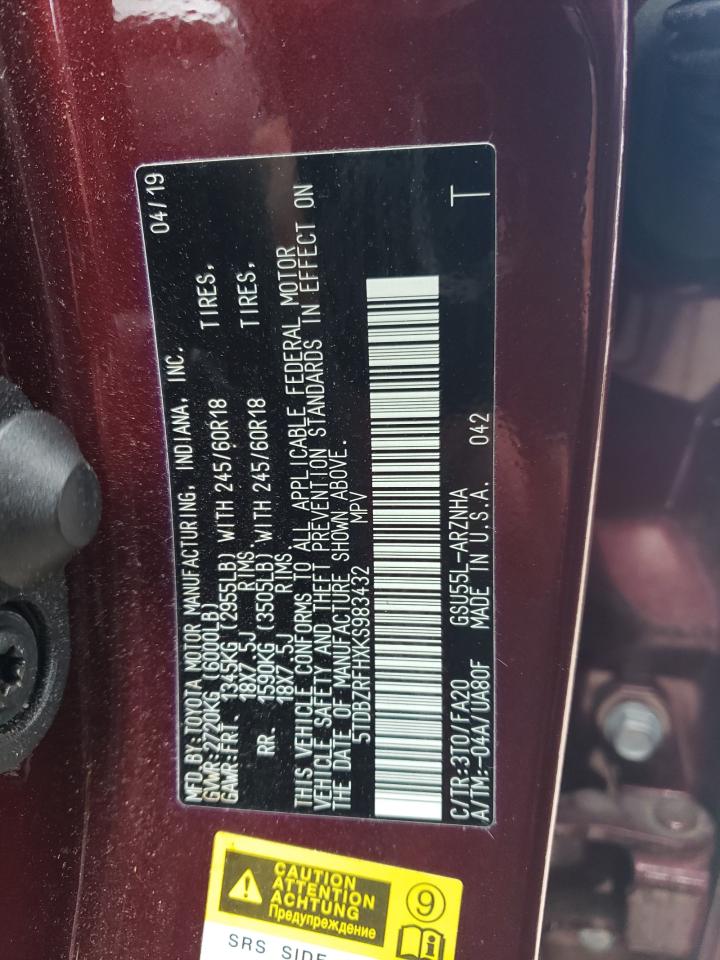 5TDBZRFHXKS983432 2019 Toyota Highlander Le