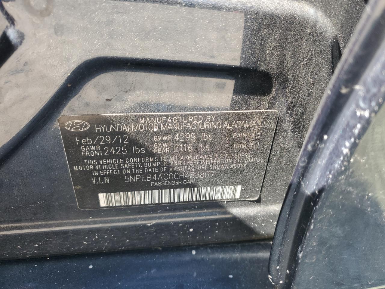 5NPEB4AC0CH483867 2012 Hyundai Sonata Gls