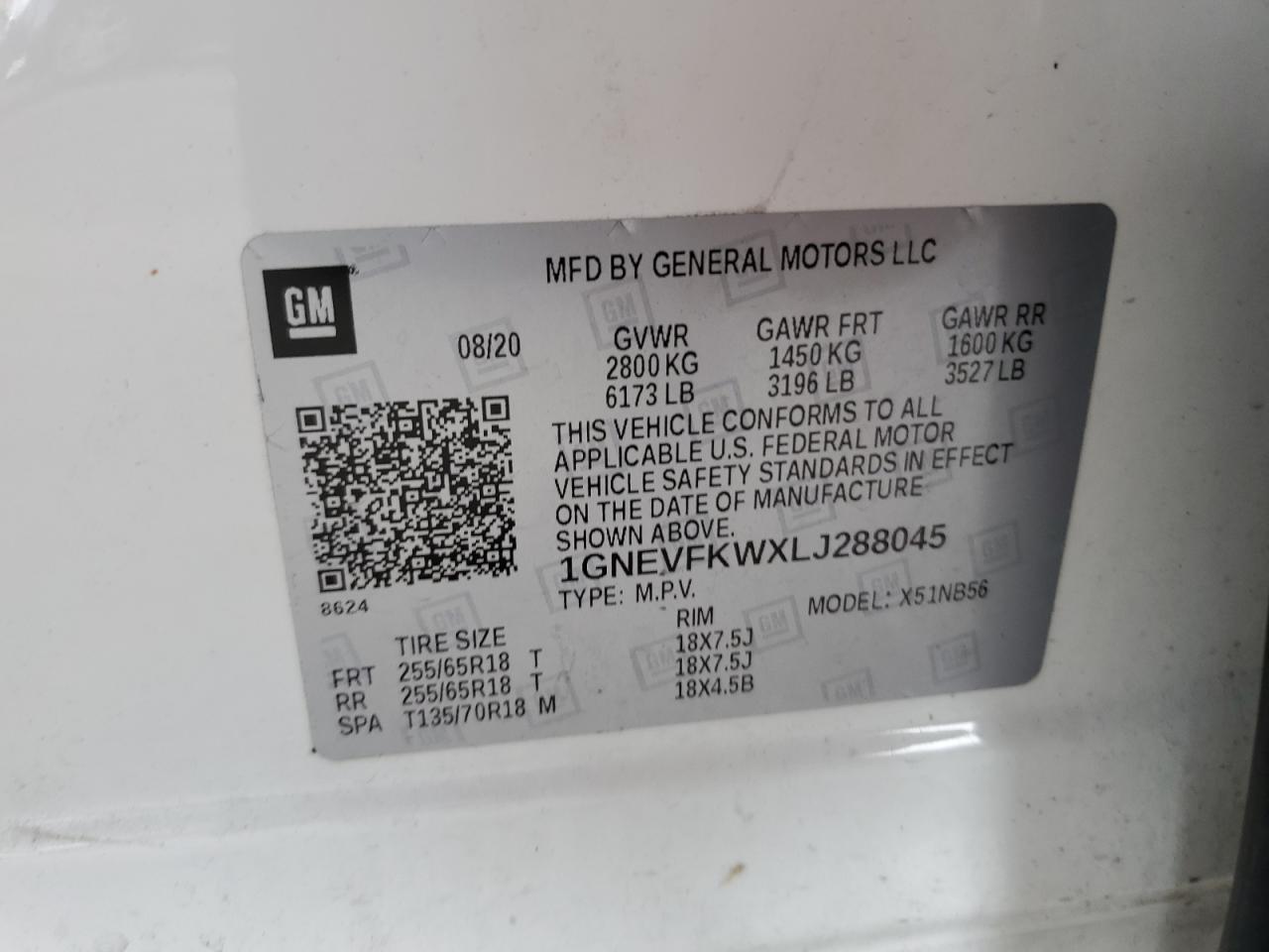 1GNEVFKWXLJ288045 2020 Chevrolet Traverse Ls