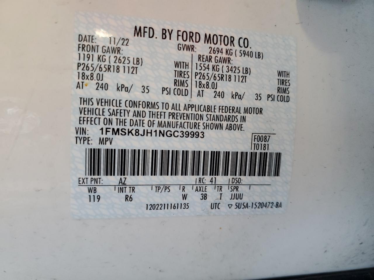 1FMSK8JH1NGC39993 2022 Ford Explorer Timberline